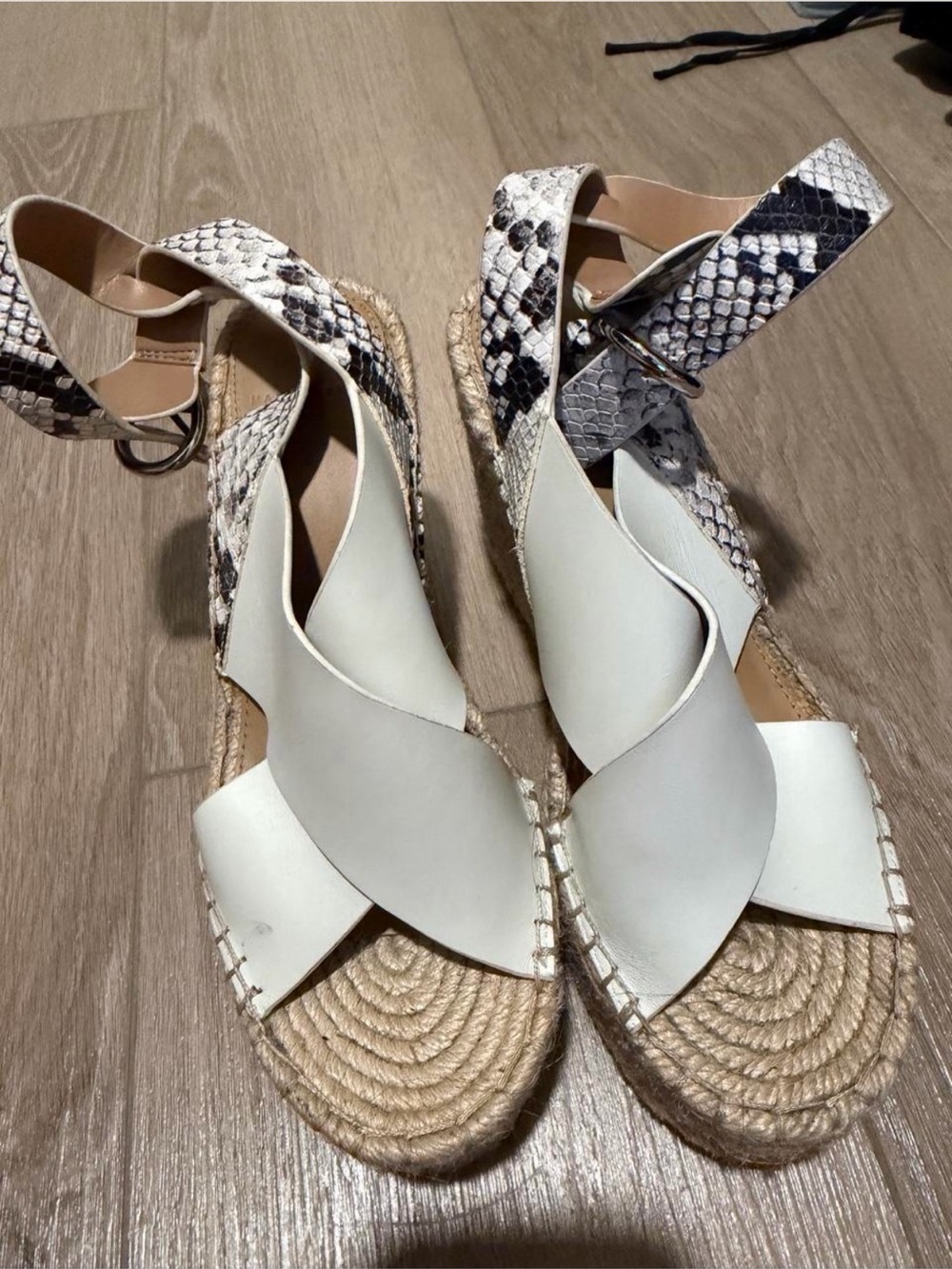 Marc Fisher White Espadrille Wedges with Snake-Print Ankle Strap